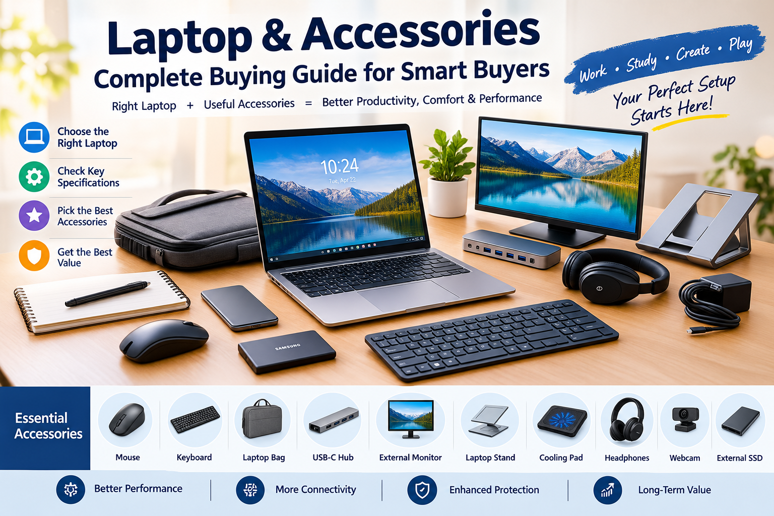 Laptop and accessories buying guide showing a modern laptop, external monitor, keyboard, mouse, USB-C hub, laptop stand, headphones, webcam, cooling pad, laptop bag, and external SSD.